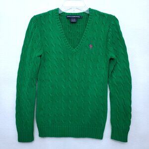 Ralph Lauren Sport Green V-neck Cable Knit Sweater Pink Pony Size Medium